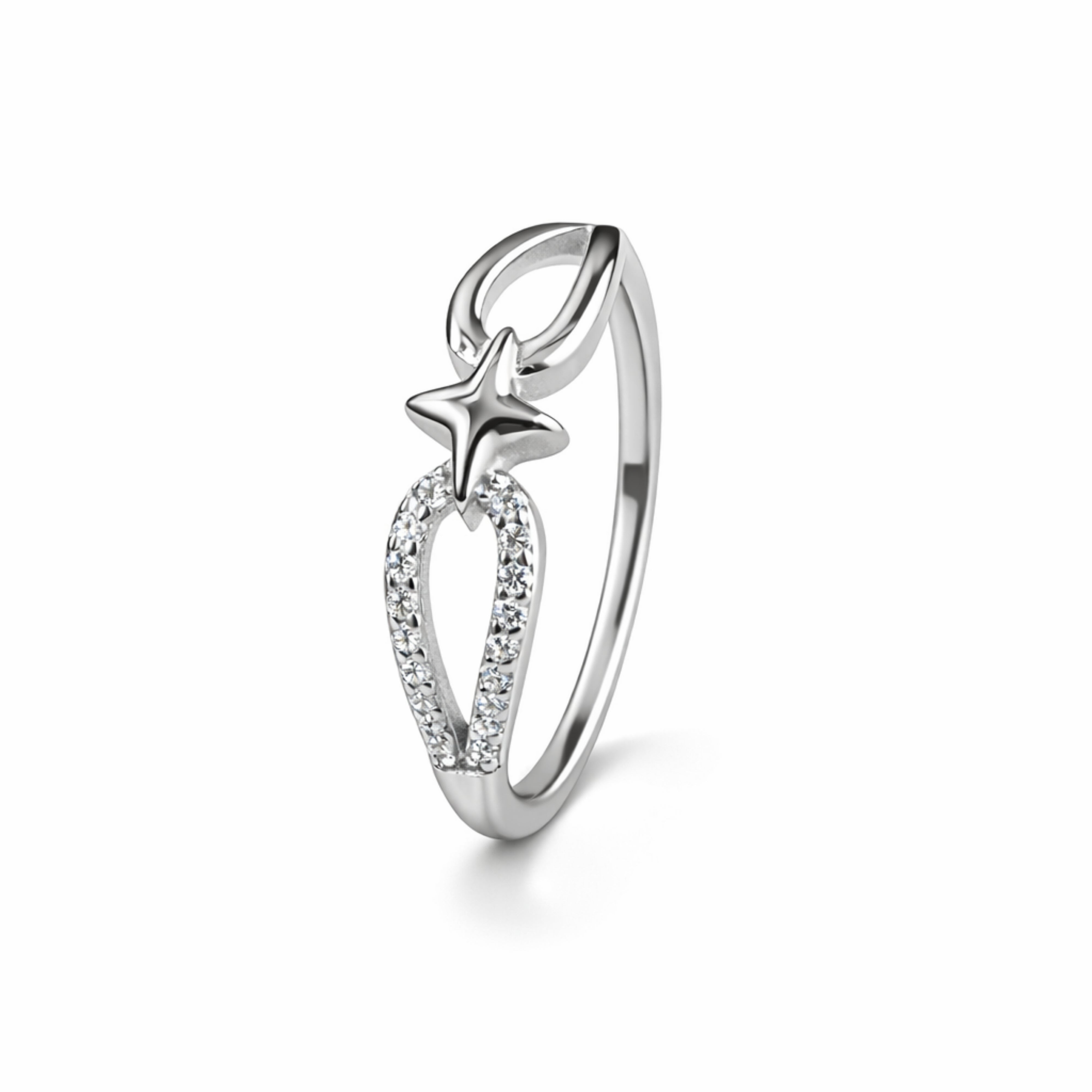 925 Sterling Silver Star & Open Heart Crystal Ring