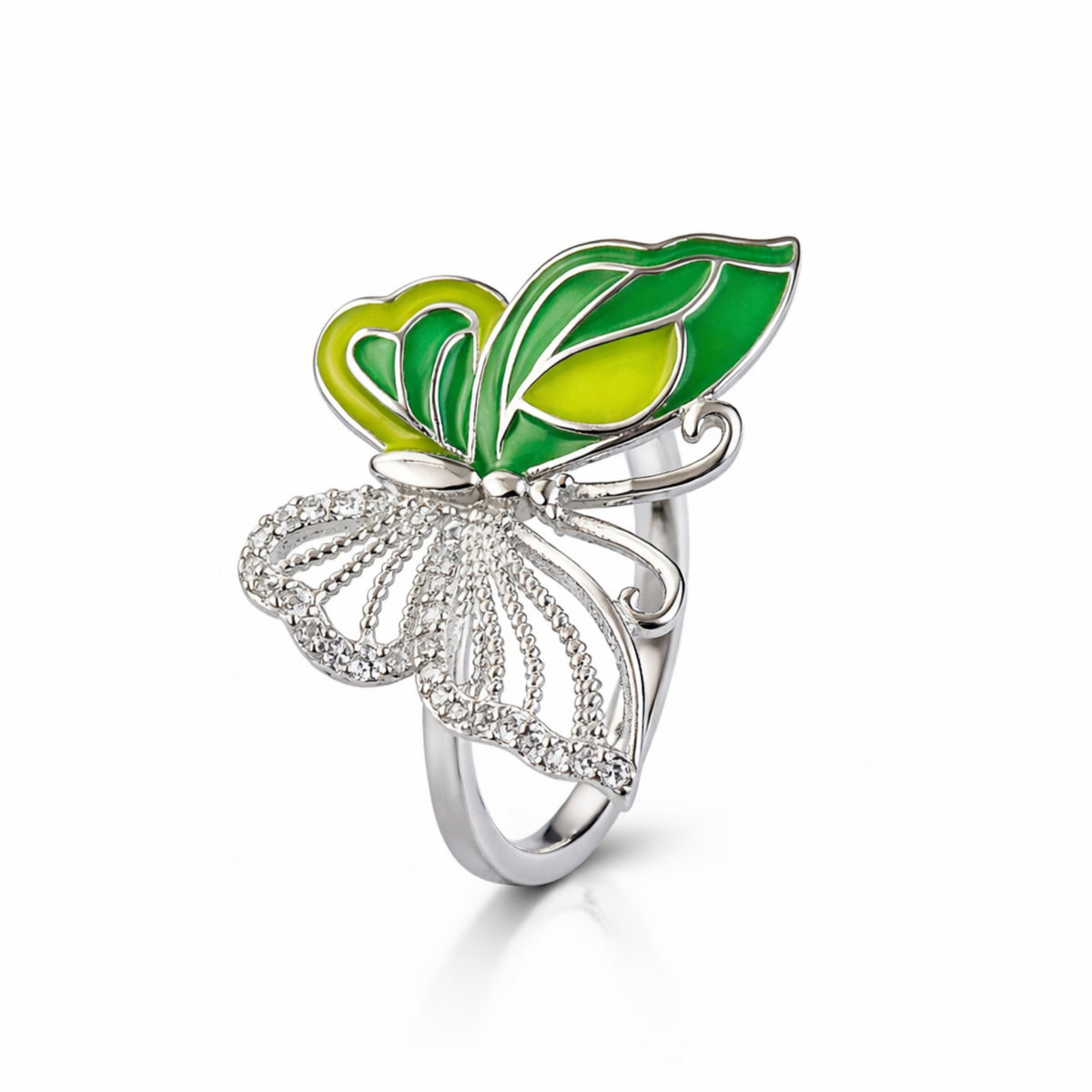 925 Sterling Silver Butterfly Leaf Enamel Ring with Crystal Wings