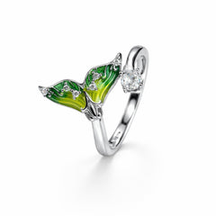 925 Sterling Silver Green Butterfly Open Ring with Crystal Accent