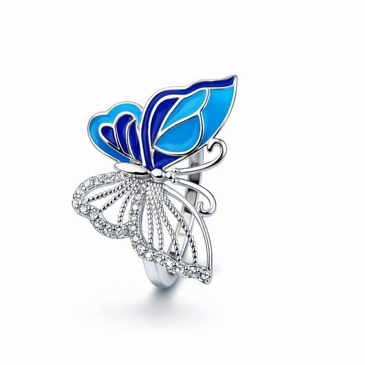 925 Sterling Silver Blue Butterfly Enamel Ring with Crystal Wings