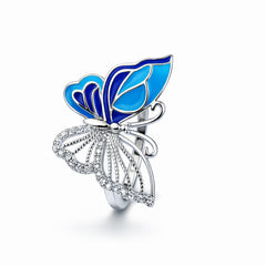925 Sterling Silver Blue Butterfly Enamel Ring with Crystal Wings