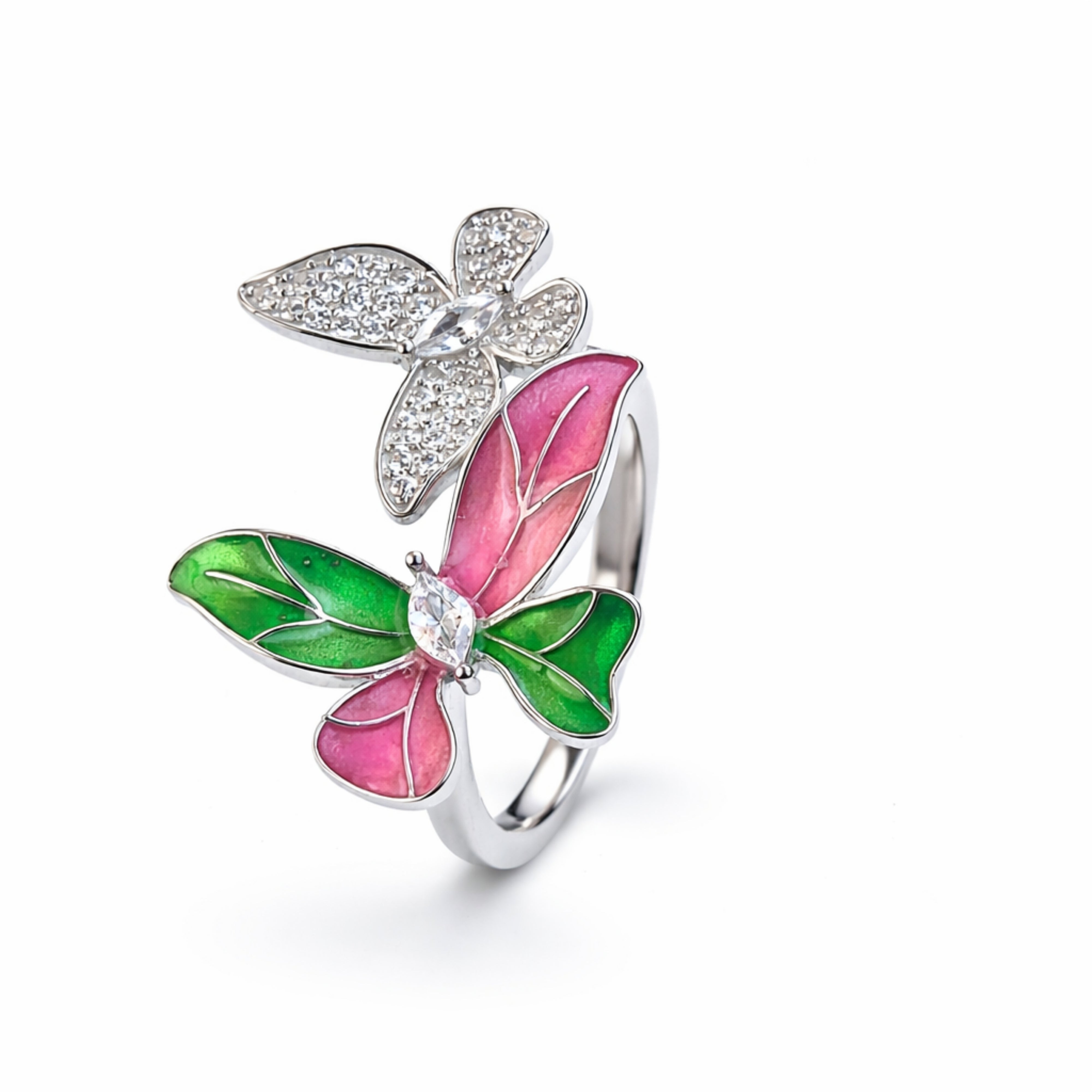 925 Sterling Silver Dual Butterfly Floral Enamel Ring with Crystal Detailing