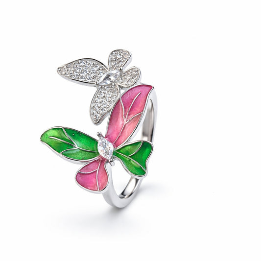 925 Sterling Silver Dual Butterfly Floral Enamel Ring with Crystal Detailing