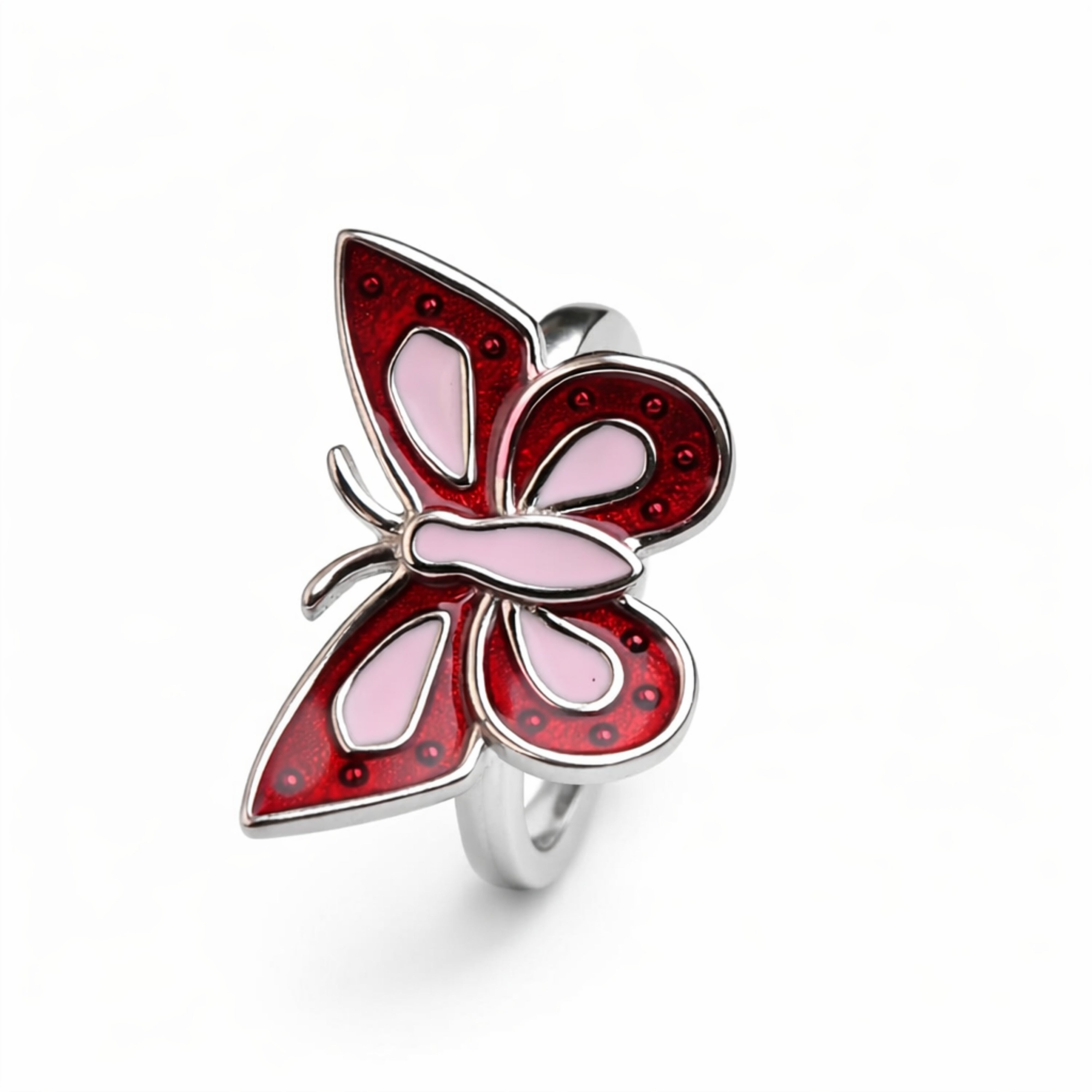 925 Sterling Silver Red Butterfly Enamel Ring with Pink Accents