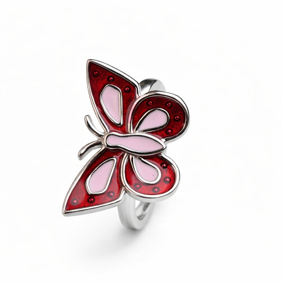 925 Sterling Silver Red Butterfly Enamel Ring with Pink Accents