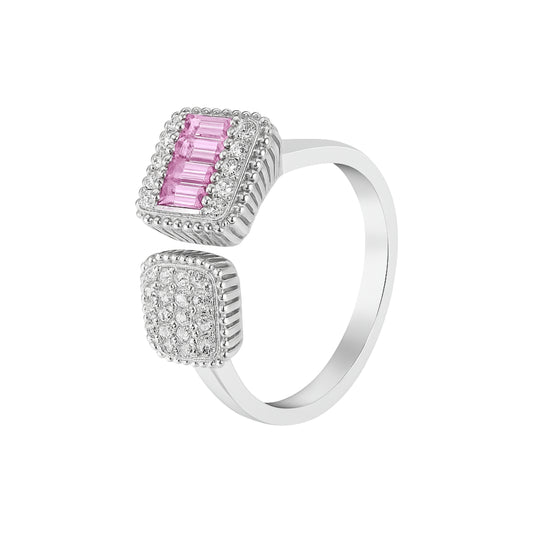 925 Sterling Silver Pink Baguette Crystal Open Ring with Halo Design