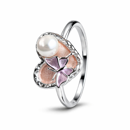 925 Sterling Silver Butterfly Pearl Enamel Ring with Crystal Border