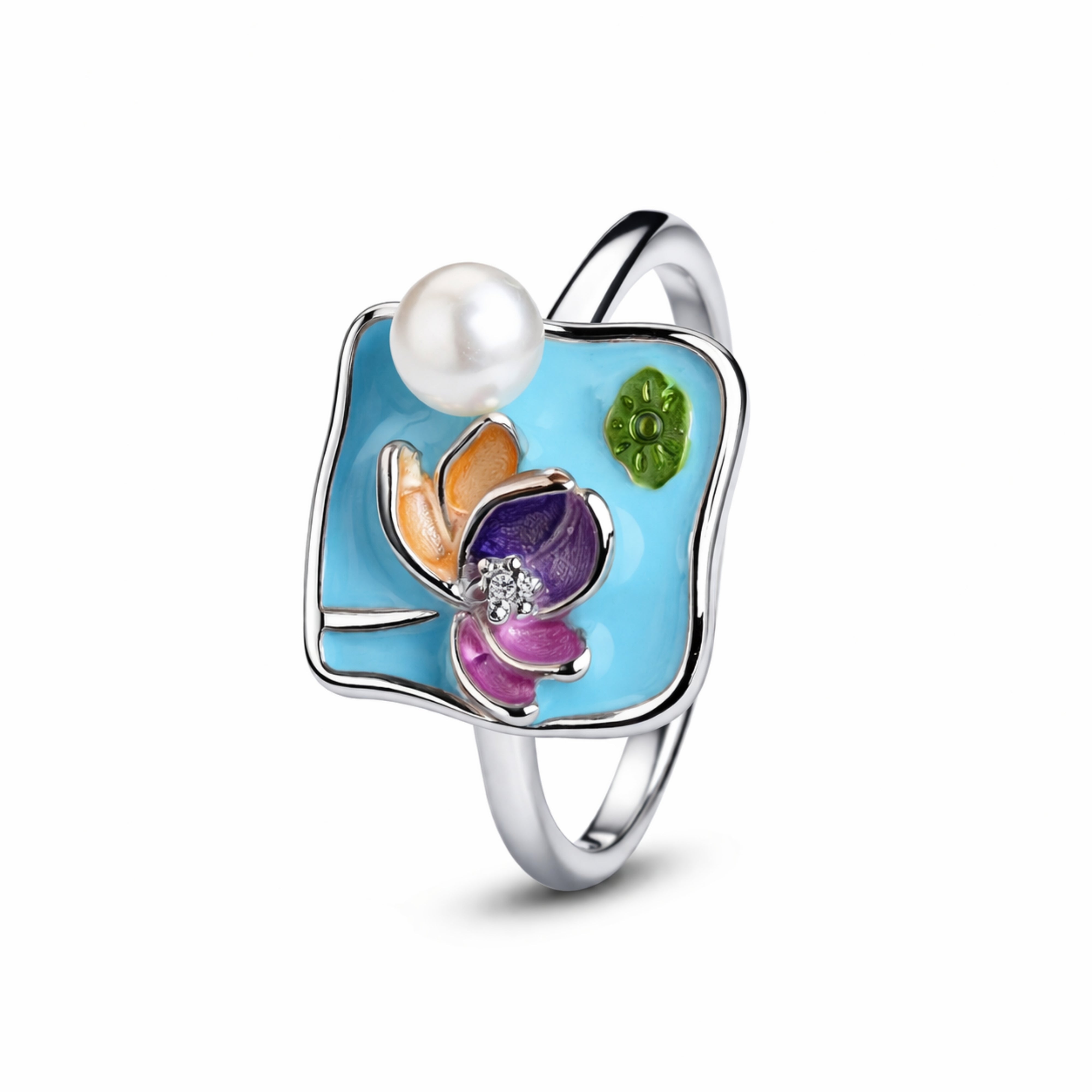 925 Sterling Silver Floral Enamel Pearl Ring with Multicolor Design