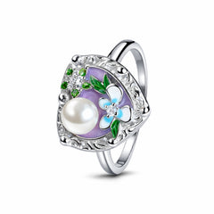 925 Sterling Silver Pearl Floral Enamel Ring with Crystal & Green Stone Accents