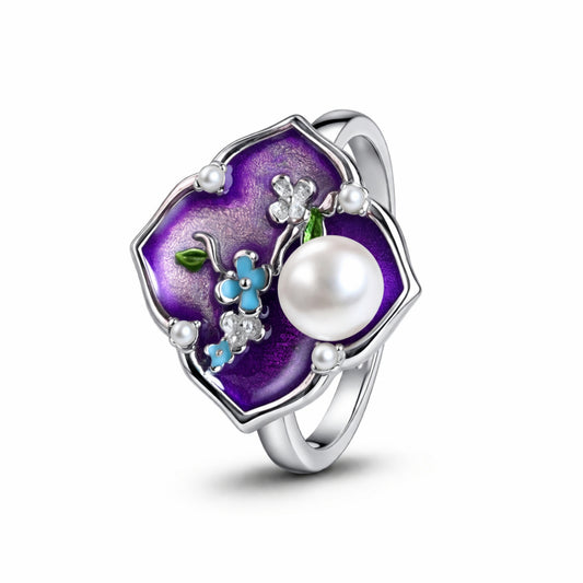925 Sterling Silver Purple Floral Enamel Pearl Ring with Crystal Accents