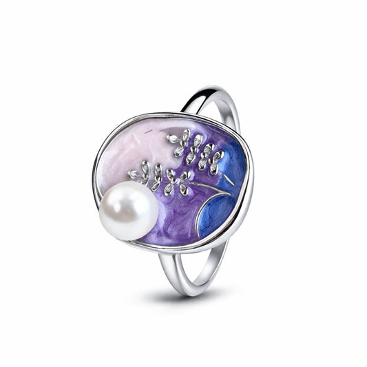 925 Sterling Silver Abstract Pearl Enamel Ring with Purple & Blue Artistic Design