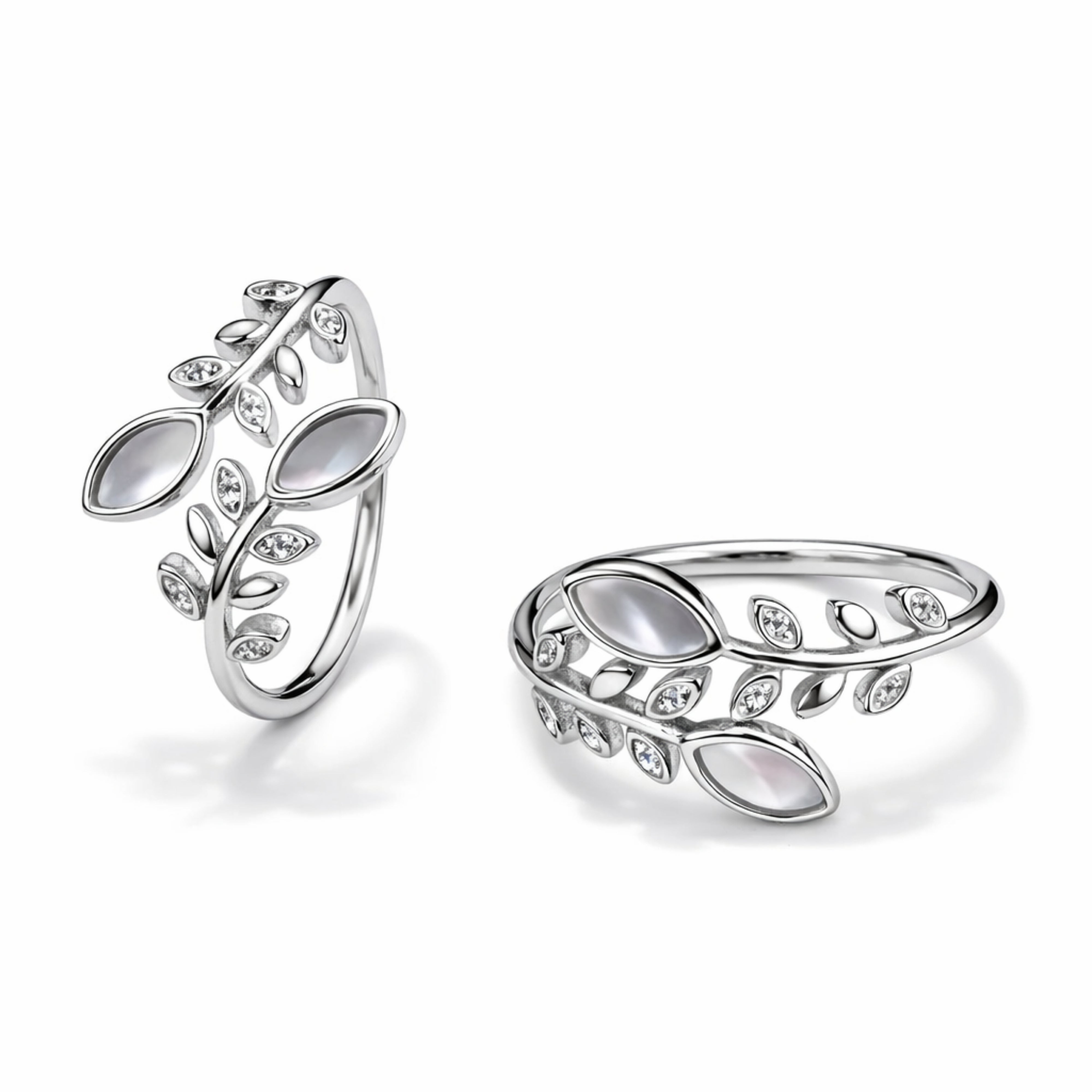 Silver Leaf Design Open Ring with Crystal & Pearl Accents