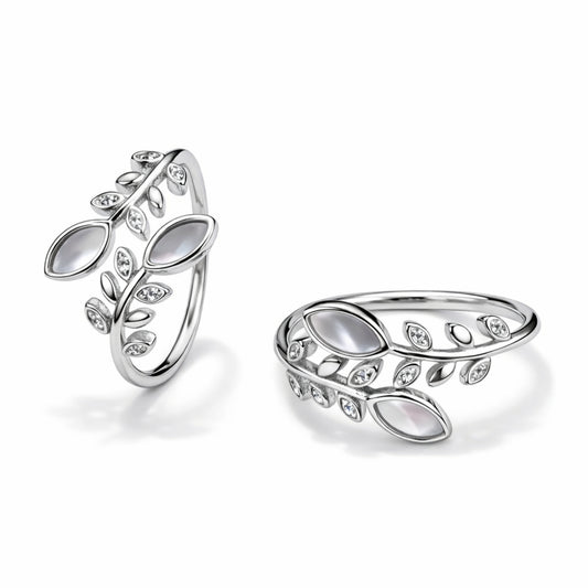 Silver Leaf Design Open Ring with Crystal & Pearl Accents