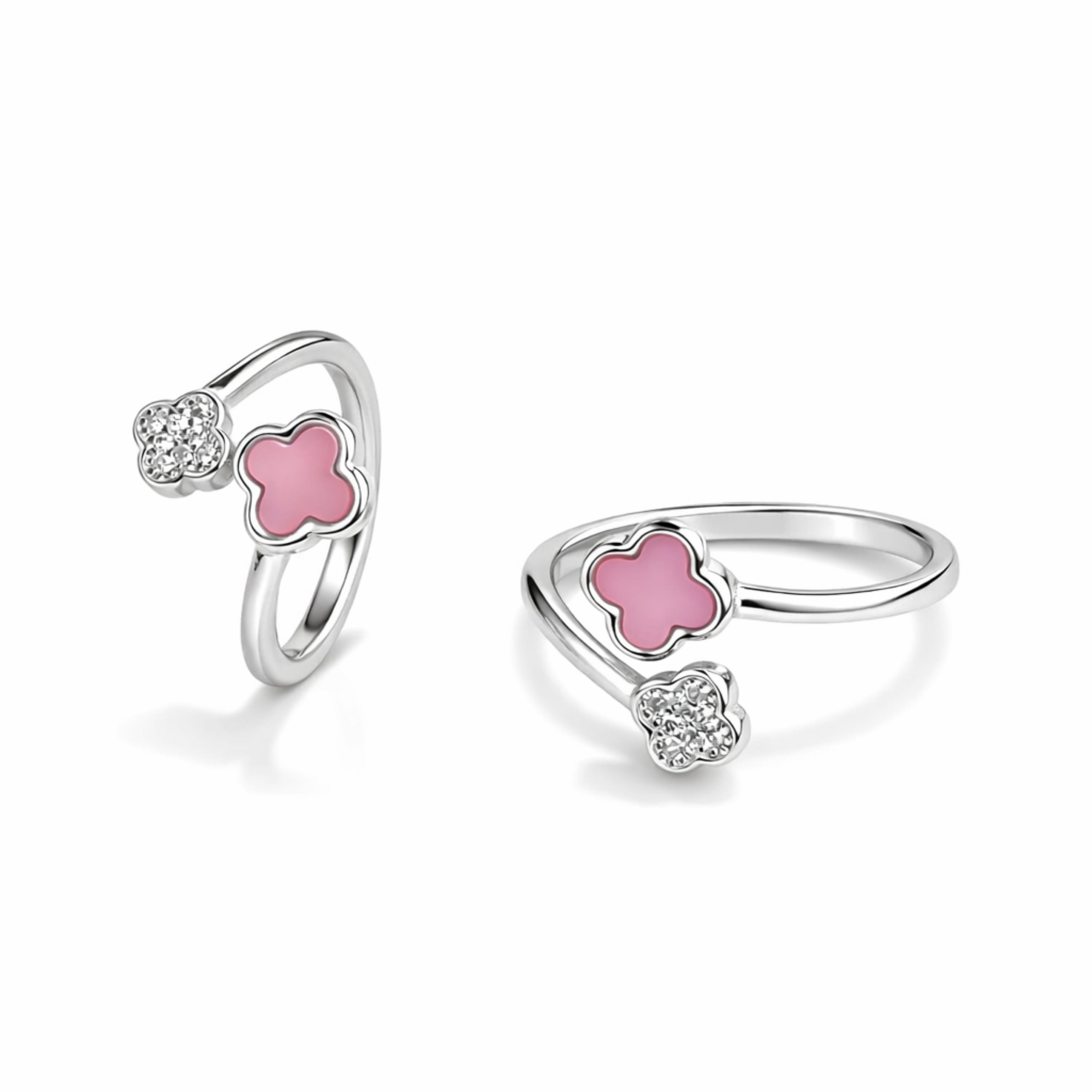 Silver Double Flower Open Ring with Pink Enamel & Crystal Detail