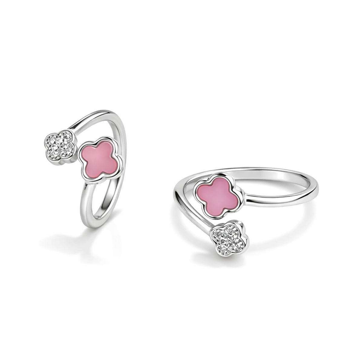 Silver Double Flower Open Ring with Pink Enamel & Crystal Detail