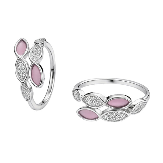 Silver Leaf Motif Open Ring with Pink Enamel & Crystal Detailing