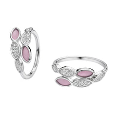 Silver Leaf Motif Open Ring with Pink Enamel & Crystal Detailing