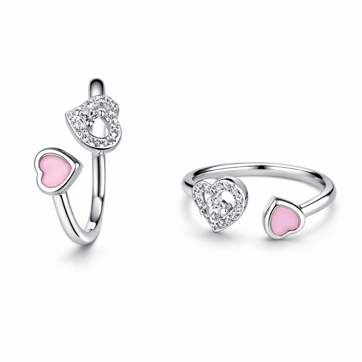 Silver Double Heart Open Ring with Pink Enamel & Crystal Accent