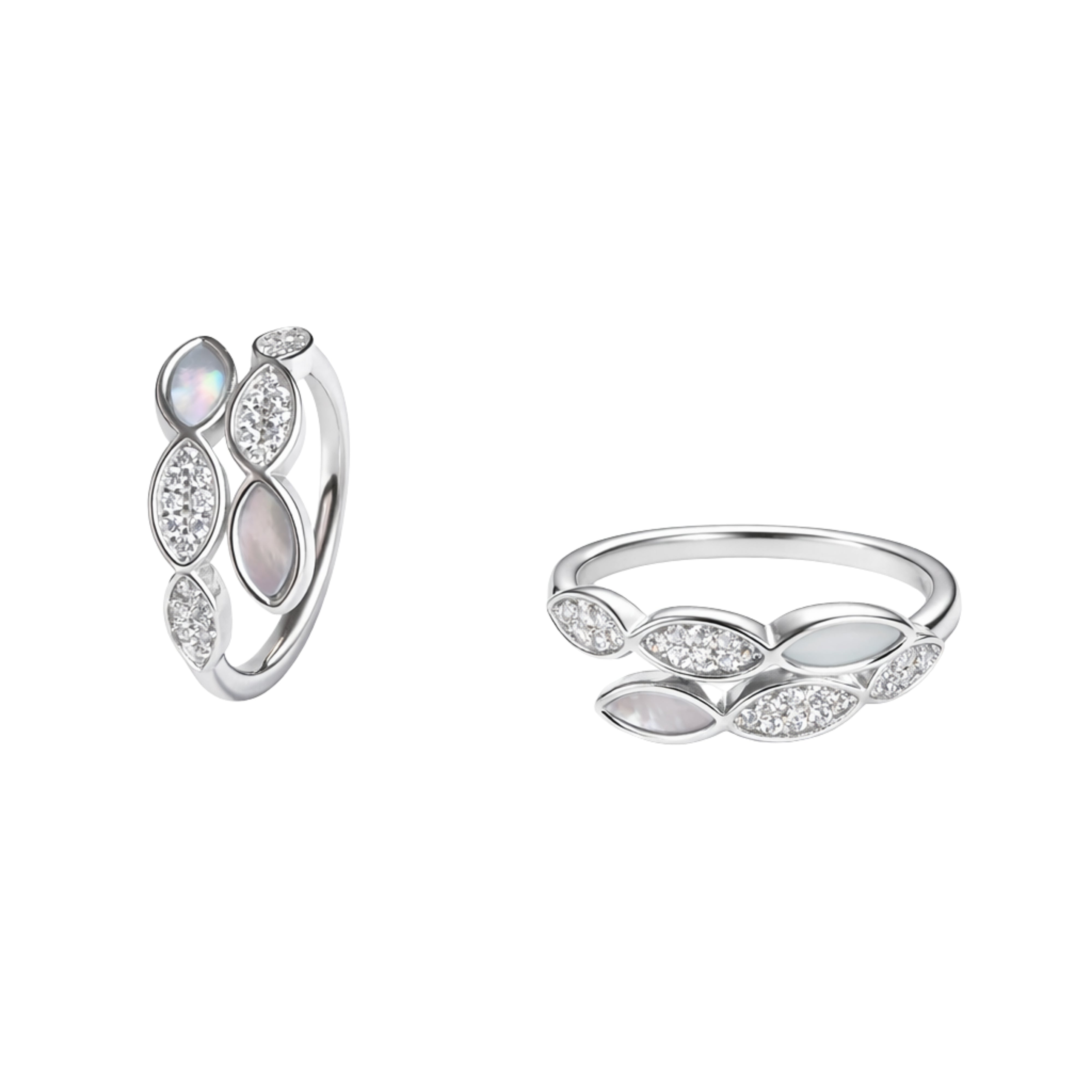 Silver Multi-Leaf Open Ring with Crystal & Opal Finish