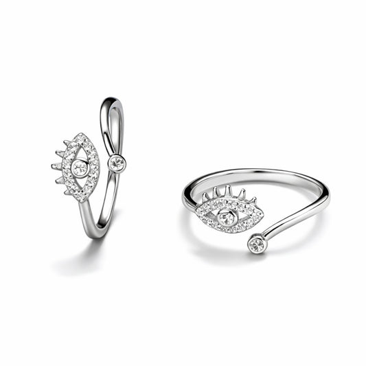 Silver Evil Eye Open Ring with Crystal Detailing
