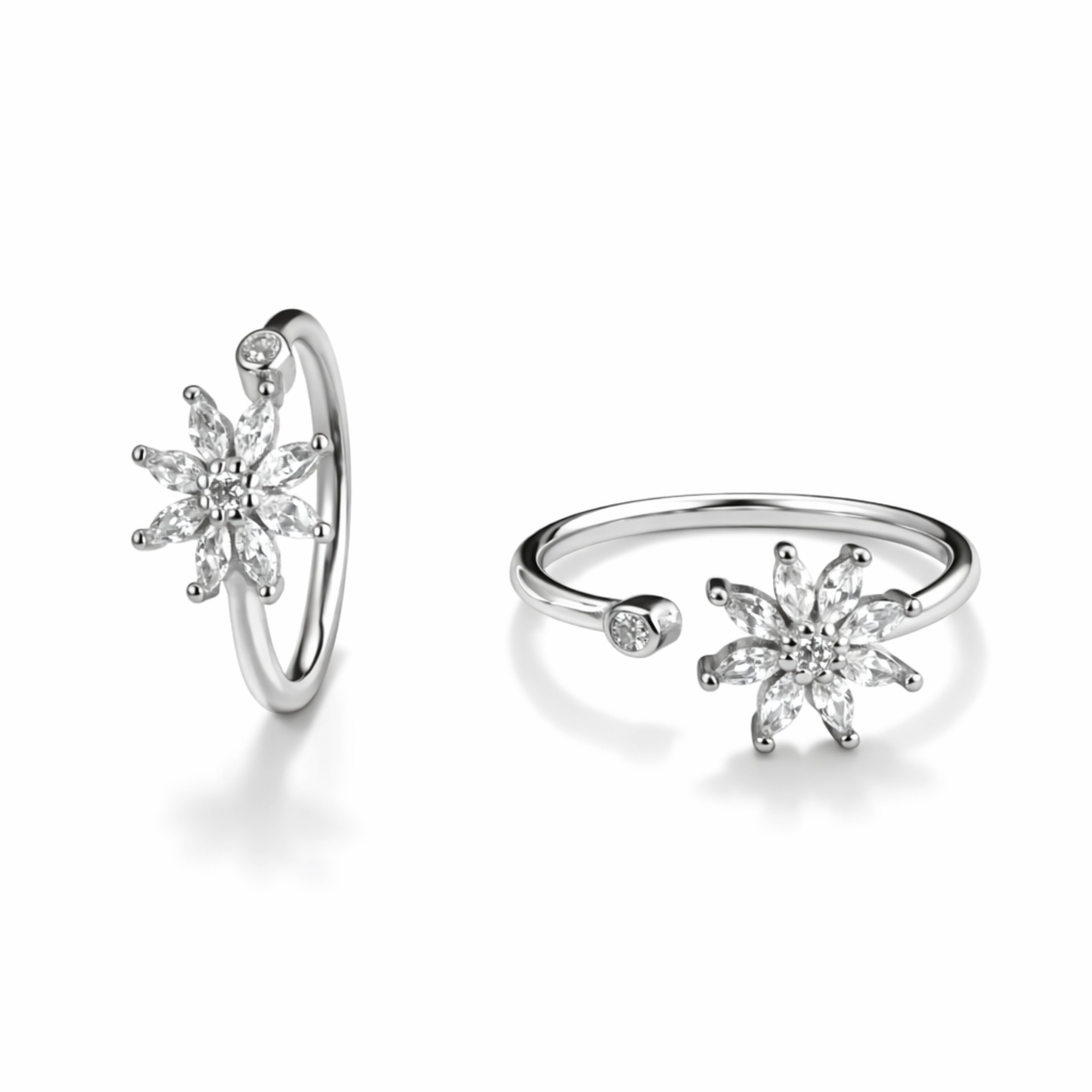 Silver Floral Crystal Open Ring with Sparkling Petal Design