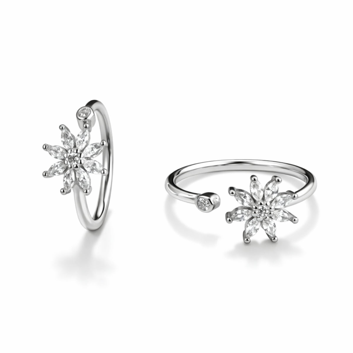 Silver Floral Crystal Open Ring with Sparkling Petal Design