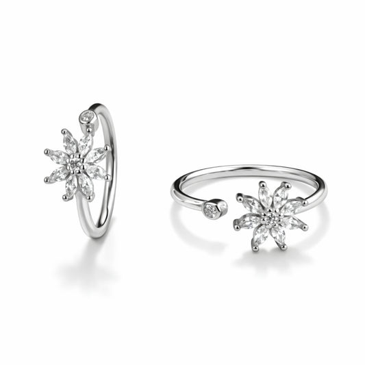 Silver Floral Crystal Open Ring with Sparkling Petal Design