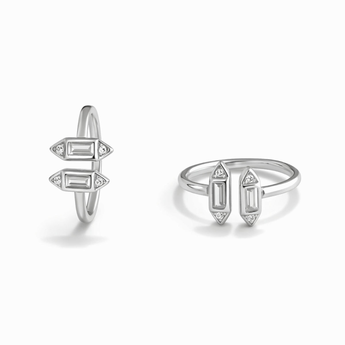 Silver Geometric Dual Bar Open Ring with Crystal Accents