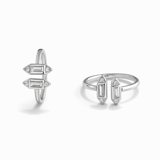Silver Geometric Dual Bar Open Ring with Crystal Accents