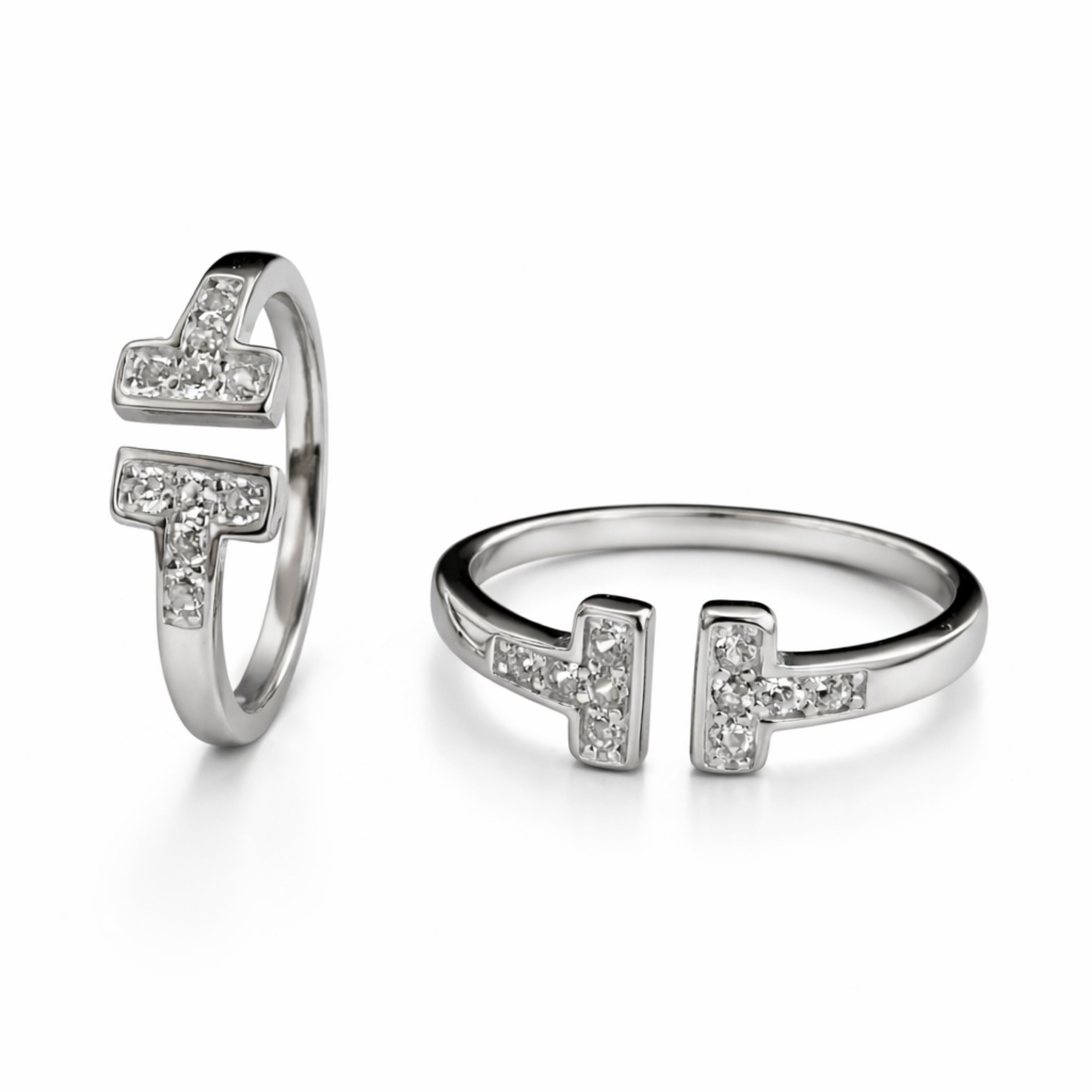 Silver Double Cross Open Ring with Crystal Detailing