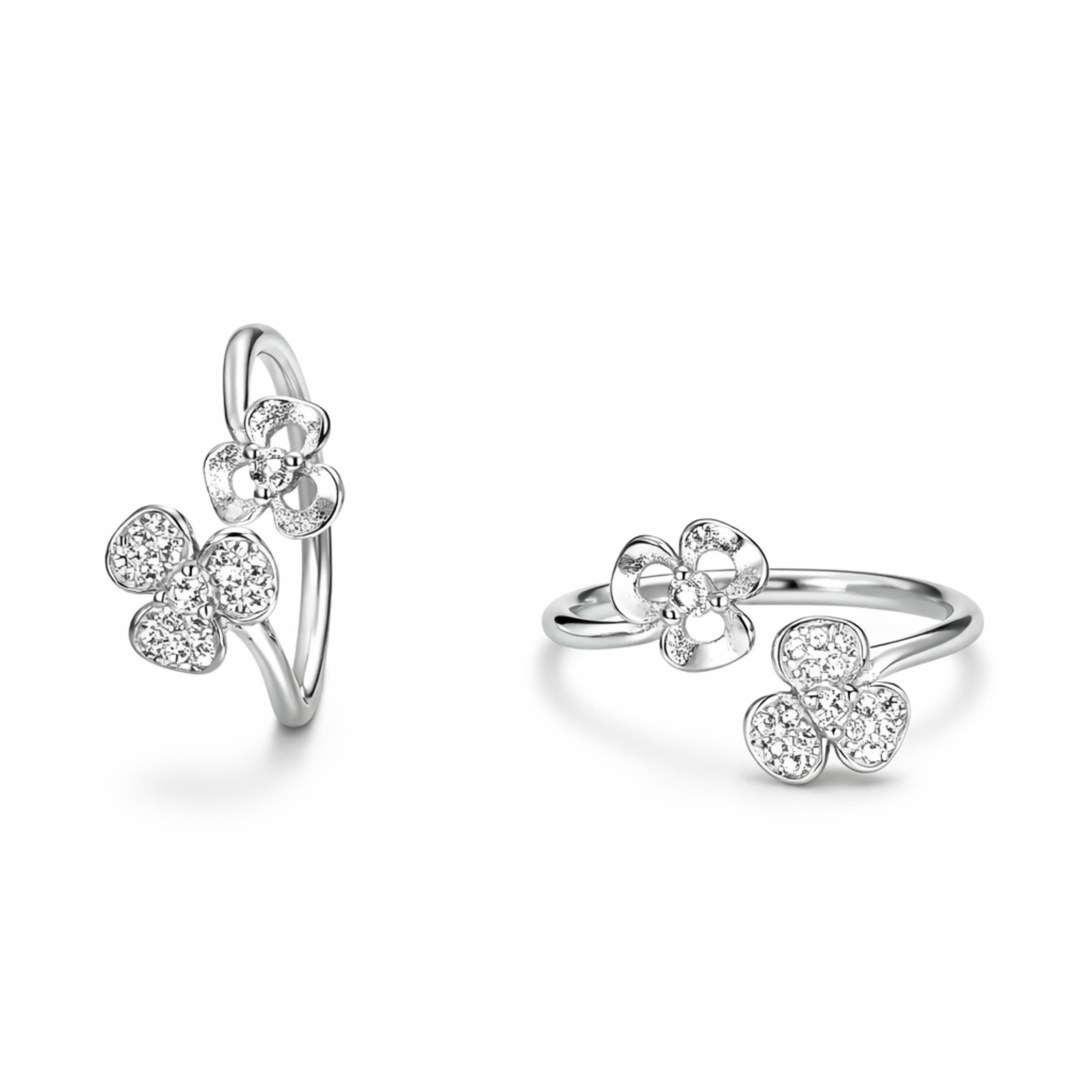 Silver Dual Floral Open Ring with Crystal Detailing