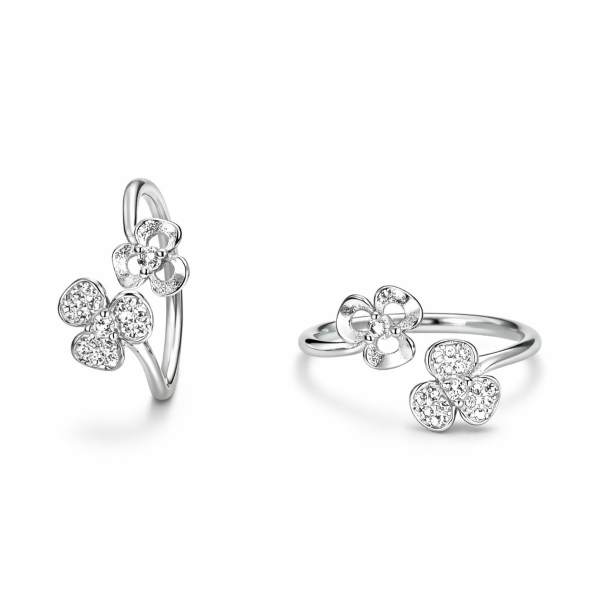 Silver Dual Floral Open Ring with Crystal Detailing