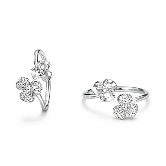 Silver Dual Floral Open Ring with Crystal Detailing