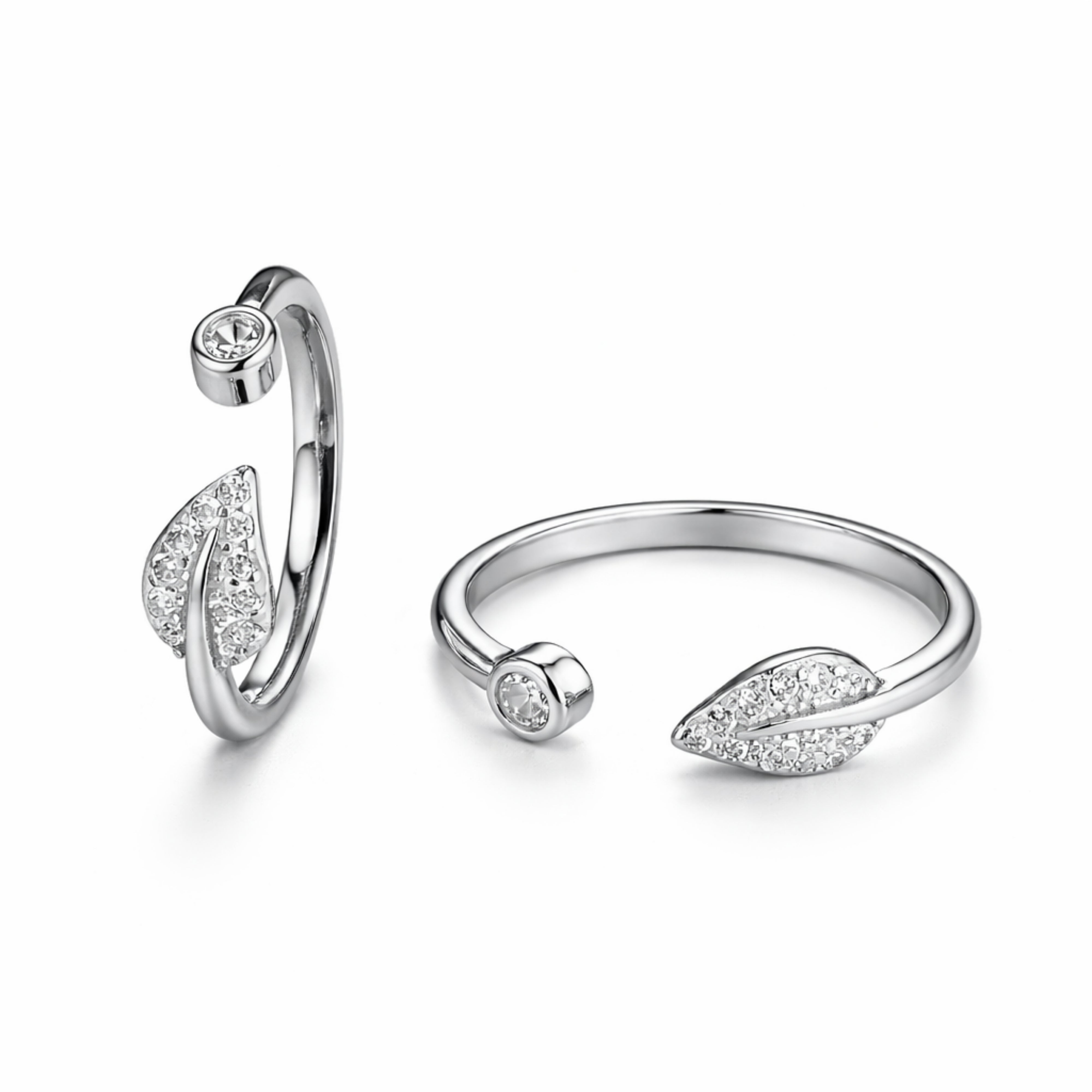 925 Sterling Silver Leaf Open Ring with Crystal Accent