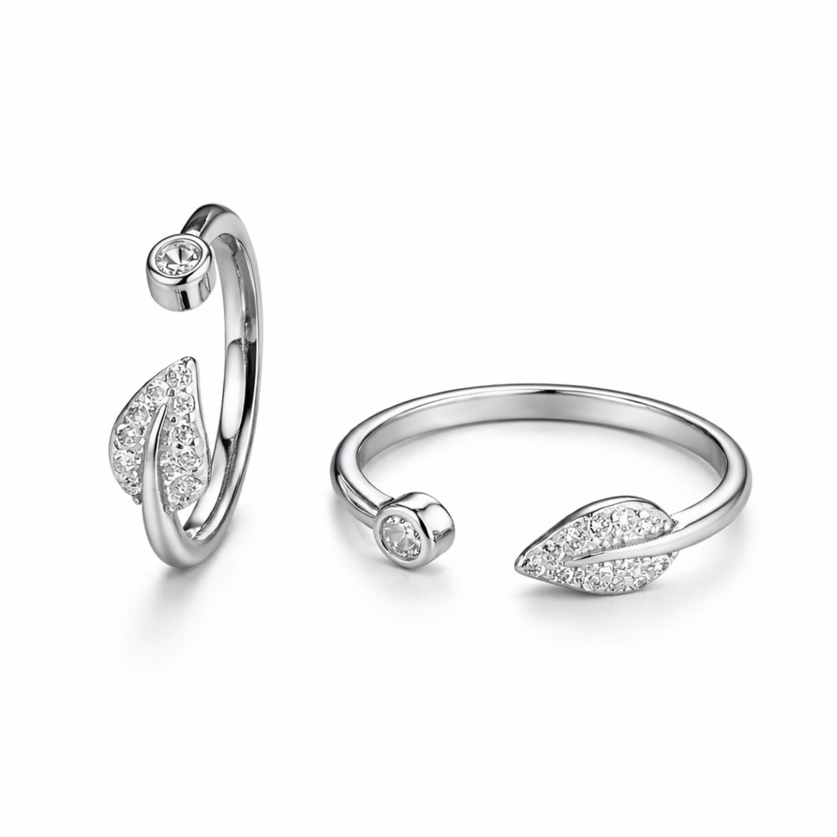 925 Sterling Silver Leaf Open Ring with Crystal Accent