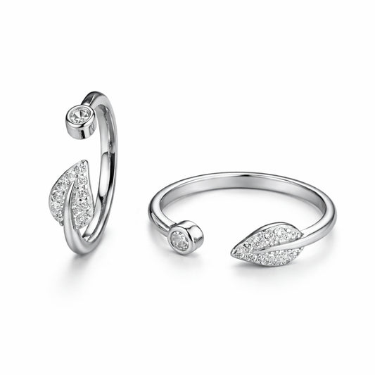 925 Sterling Silver Leaf Open Ring with Crystal Accent