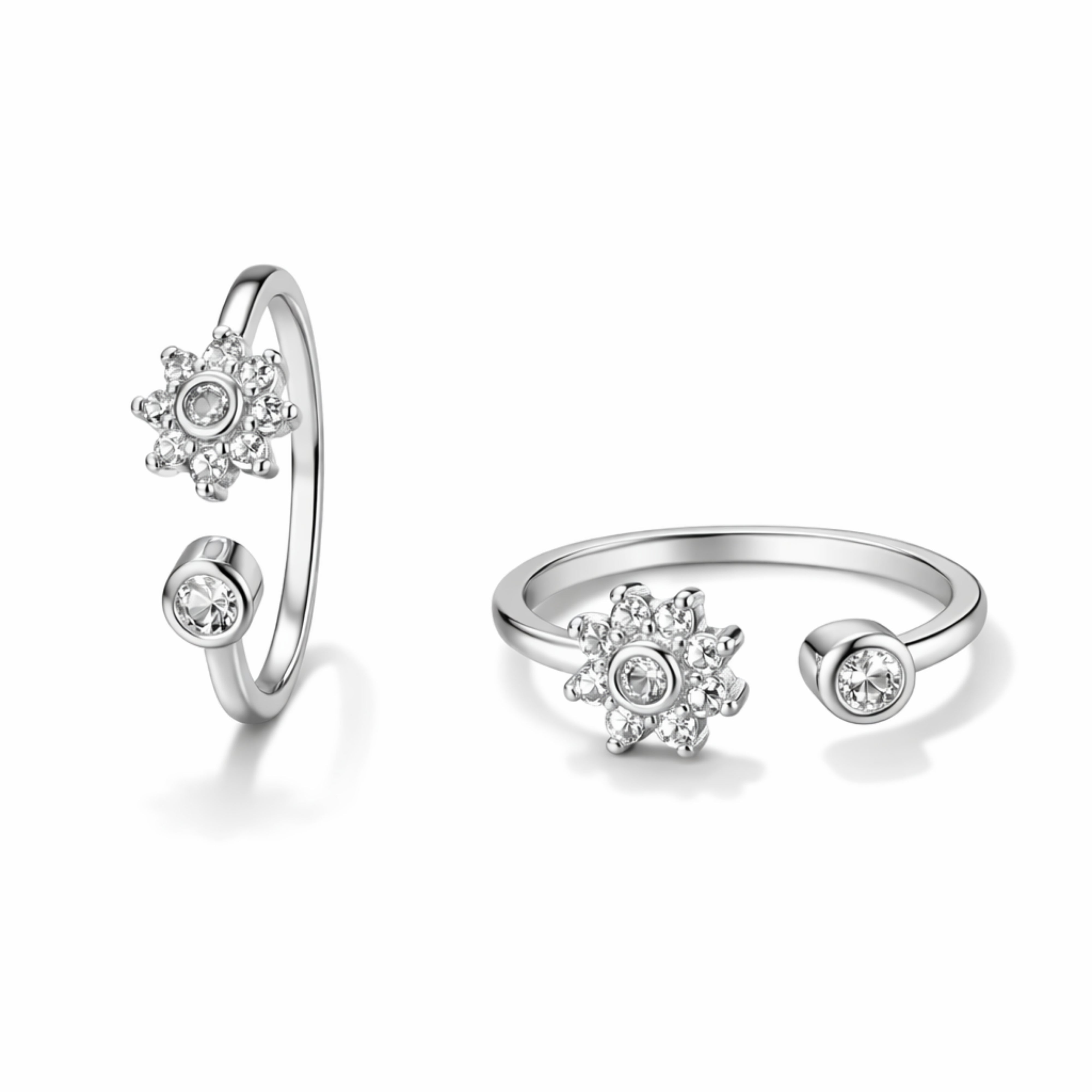 925 Sterling Silver Floral Crystal Open Ring with Solitaire Accent