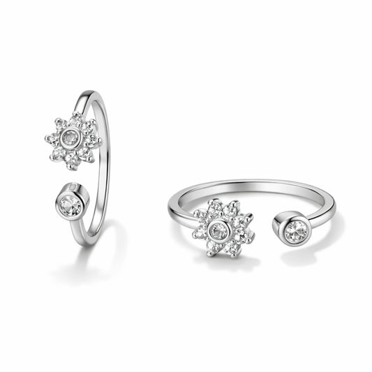 925 Sterling Silver Floral Crystal Open Ring with Solitaire Accent