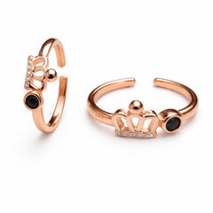 Rose Gold Crown Design Adjustable Toe Ring with Black Stone & Crystal Detail