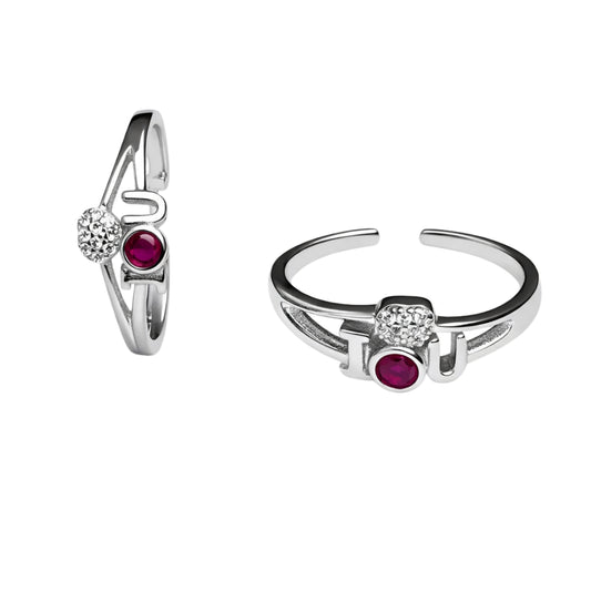 925 Sterling Silver Love Initial Toe Ring with Ruby Stone & Crystal Accent