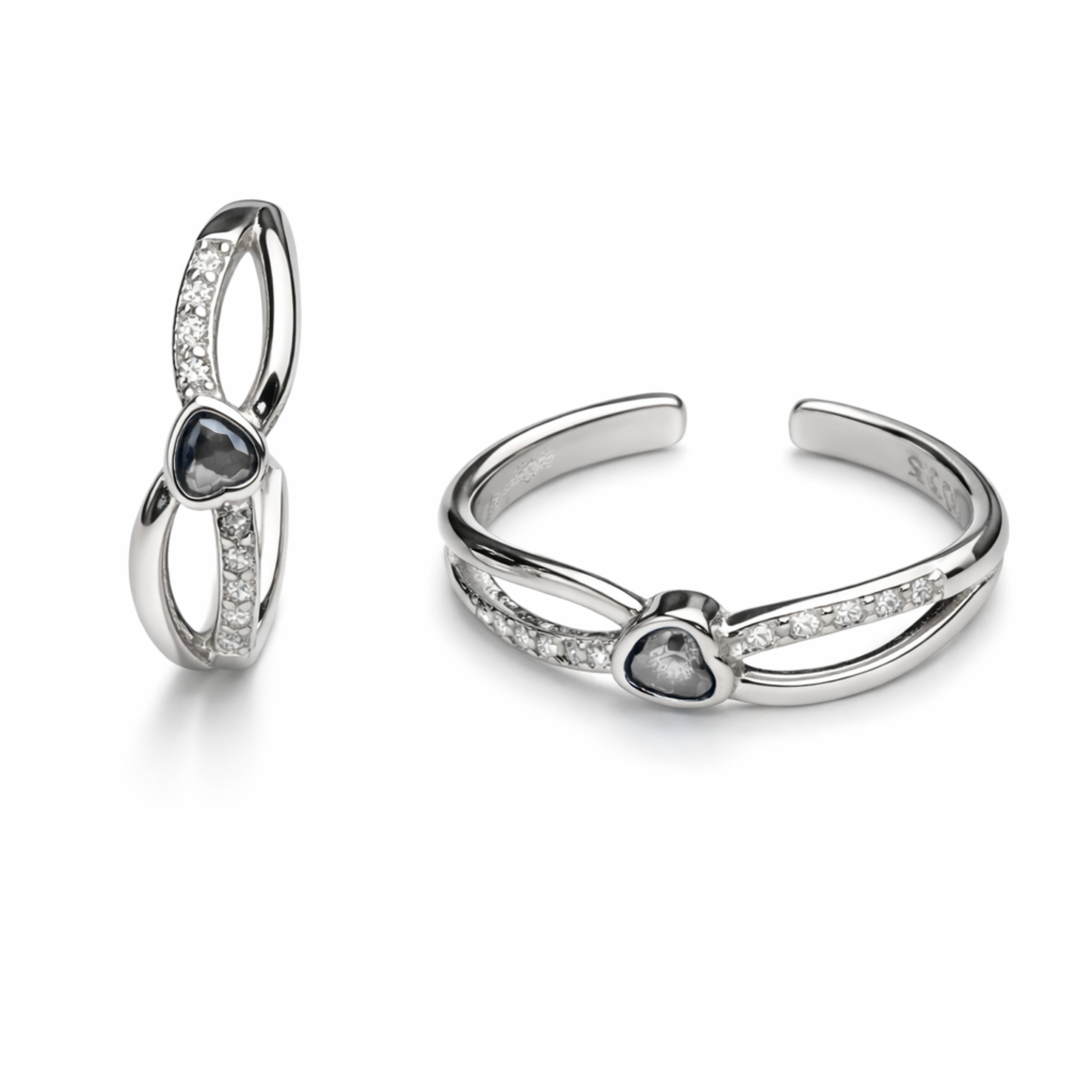 925 Sterling Silver Double Band Heart Toe Ring with Crystal Accents