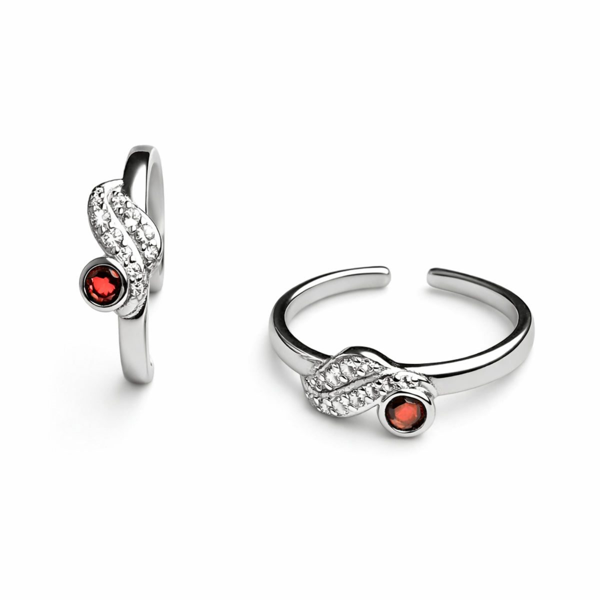 925 Sterling Silver Leaf Design Toe Ring with Red Stone & Crystal Accent