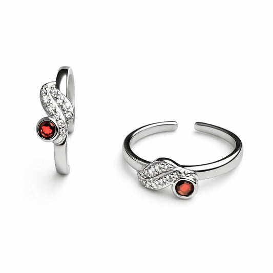 925 Sterling Silver Leaf Design Toe Ring with Red Stone & Crystal Accent