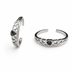 925 Sterling Silver Heart Pattern Toe Ring with Black Stone & Crystal Line