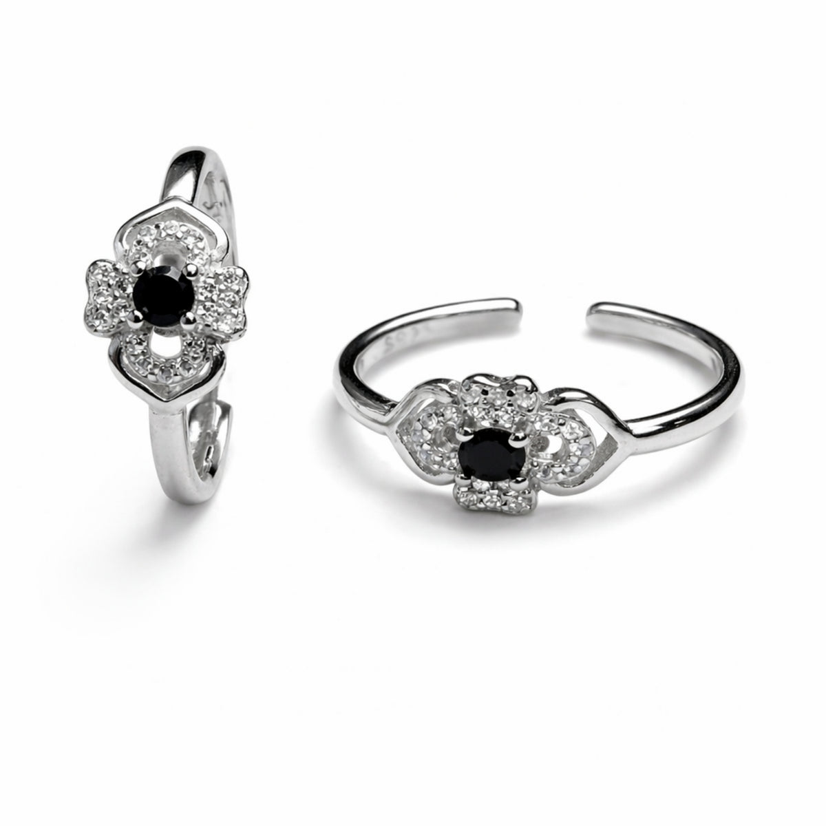 925 Sterling Silver Floral Toe Ring with Black Stone & Crystal Halo