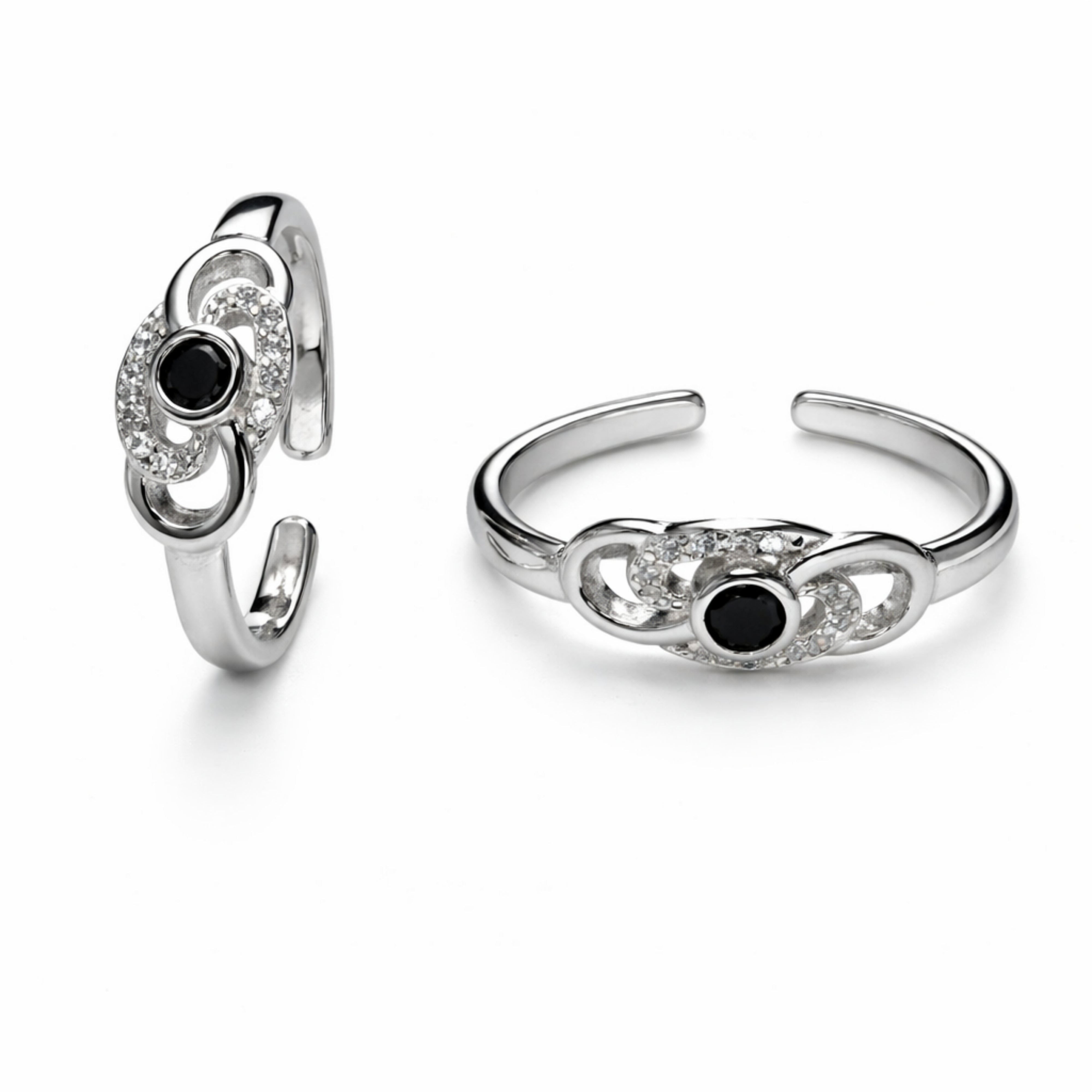 925 Sterling Silver Infinity Loop Toe Ring with Black Stone & Crystal Accent