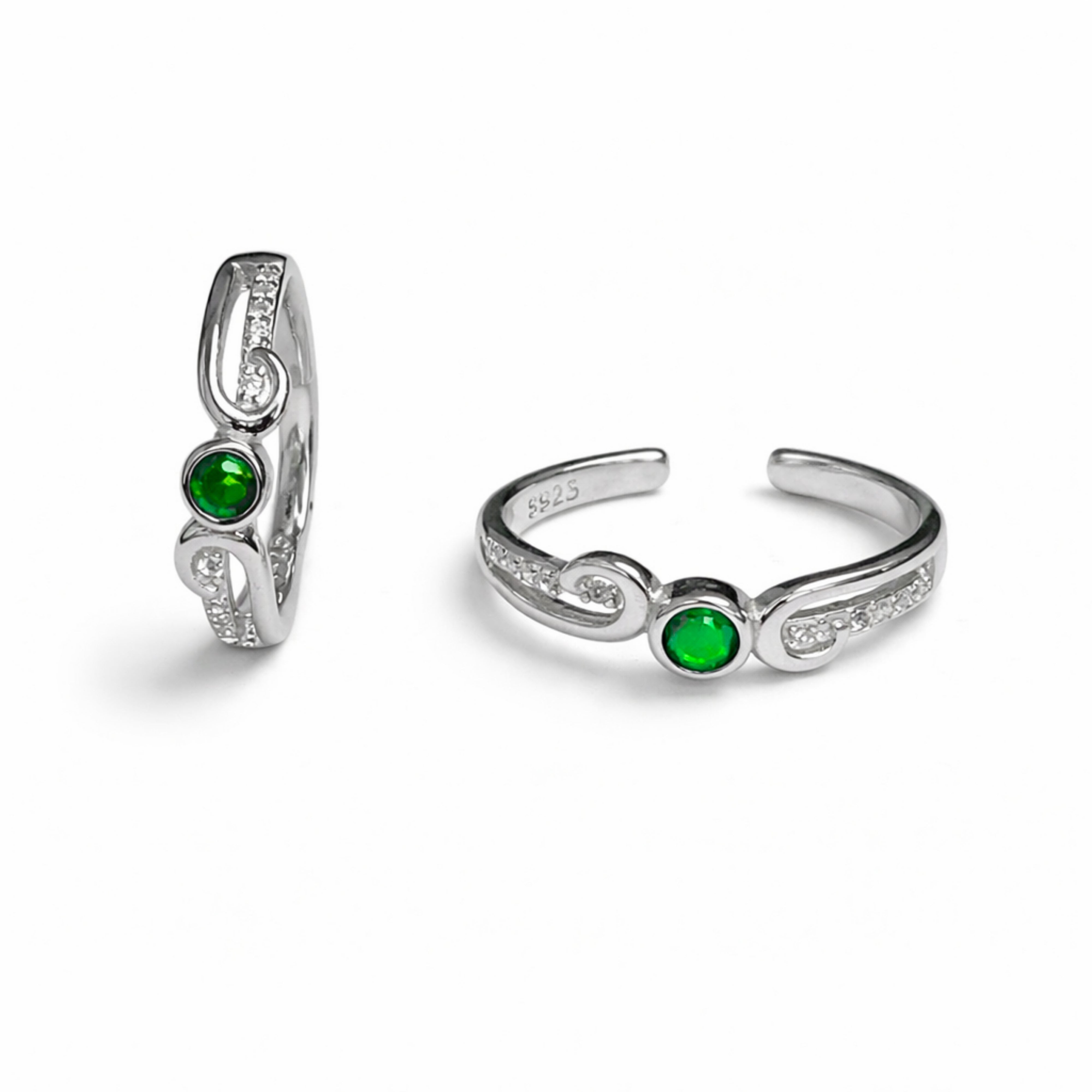 925 Sterling Silver Swirl Design Toe Ring with Green Stone & Crystal Accent