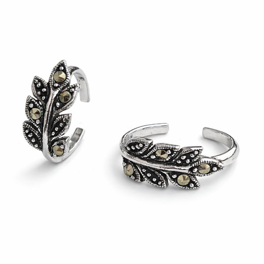925 Sterling Silver Antique Leaf Design Toe Ring with Marcasite Stones