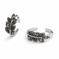925 Sterling Silver Antique Leaf Design Toe Ring with Marcasite Stones