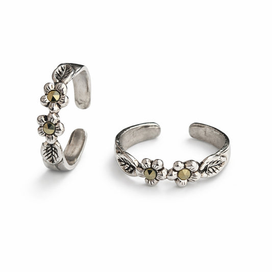 925 Sterling Silver Antique Twin Floral Toe Ring with Marcasite Accents